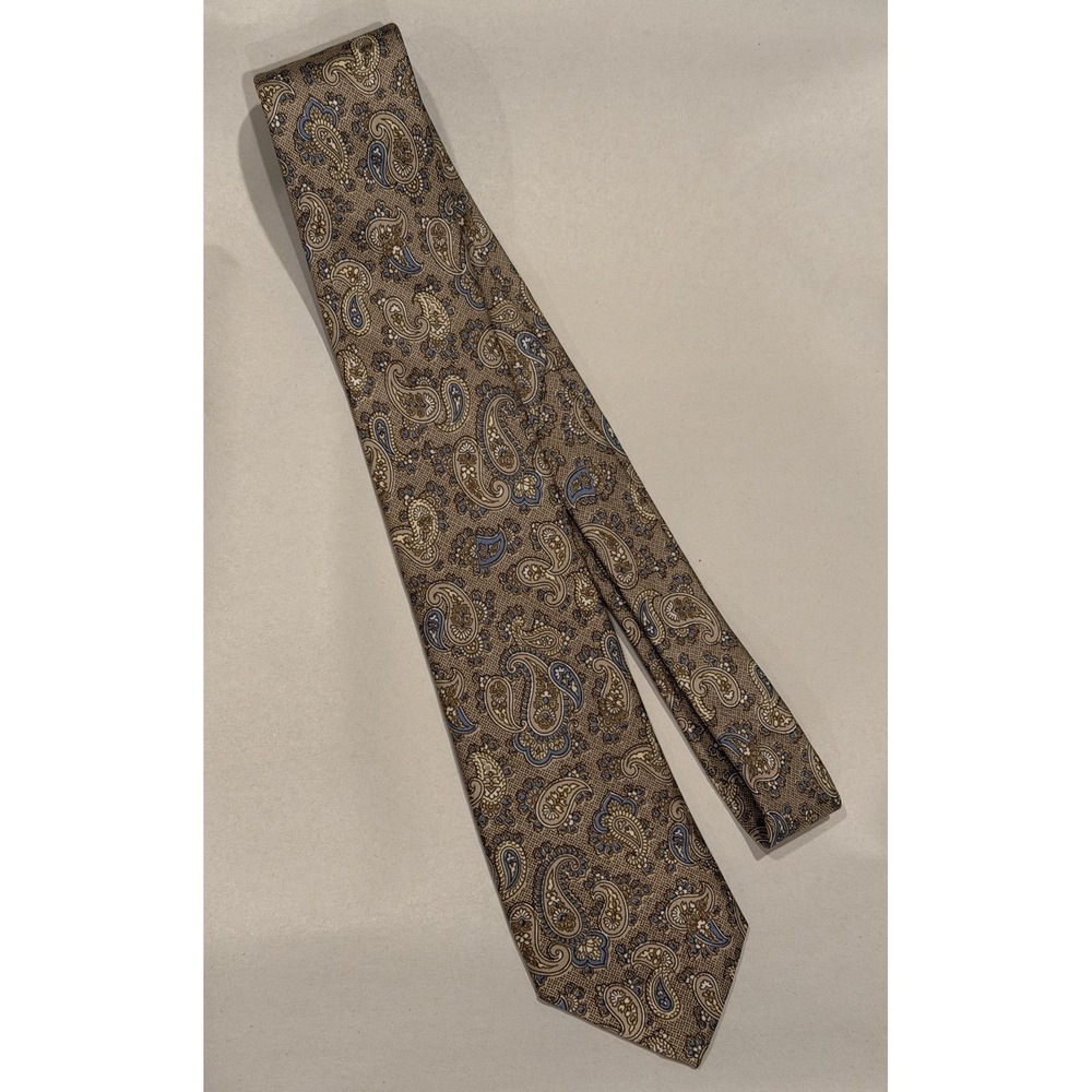 Vintage Michel Necktie Tan Beige Blue Paisley 100% Silk 57" VTG Tie